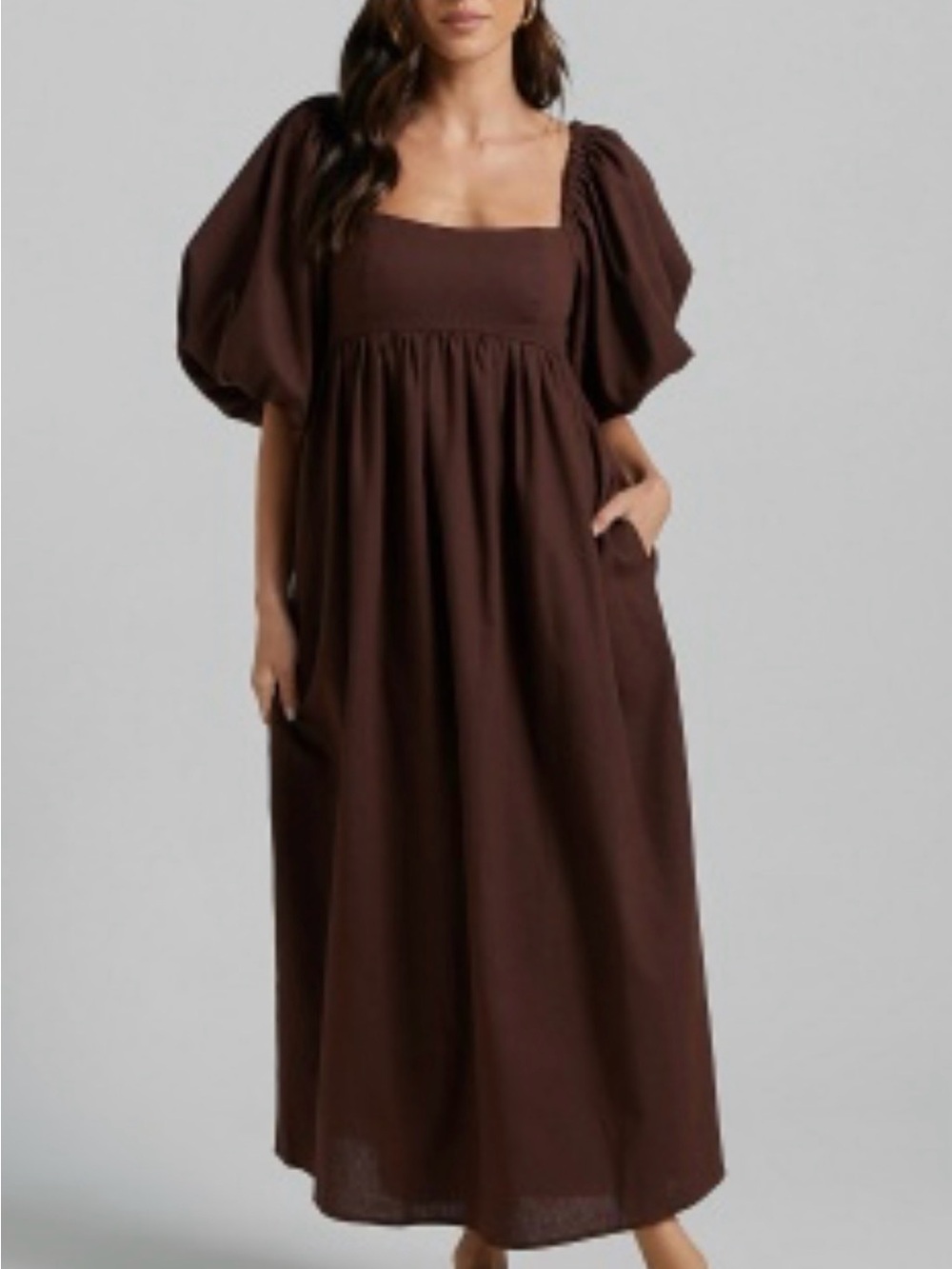 Showpo Chocolate Brown Midi Dress with Puff Sleeves